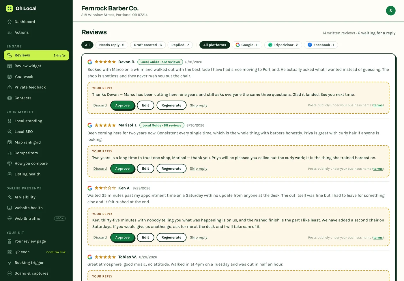 The reply queue: three Google reviews, each with a drafted reply underneath and Approve, Edit and Regenerate buttons. The reviewers are tagged as Local Guides with their review counts, and one two-star review about a Saturday wait has a drafted apology.