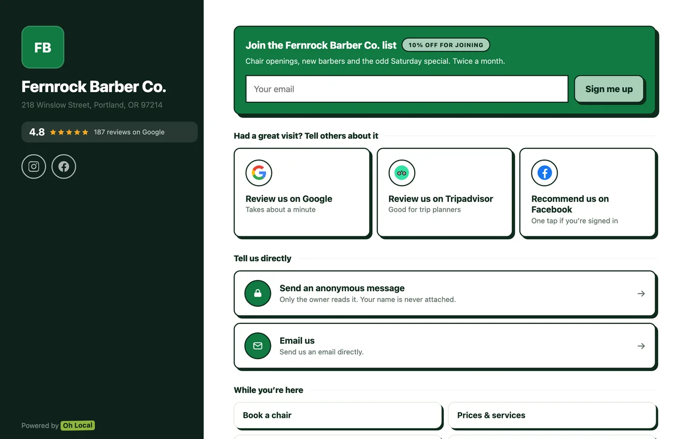 A customer review page for a barber shop: the shop name, address and 4.8 star rating in a dark rail, then an email signup, then buttons to review the shop on Google, Tripadvisor and Facebook, and a card to send the owner an anonymous message.