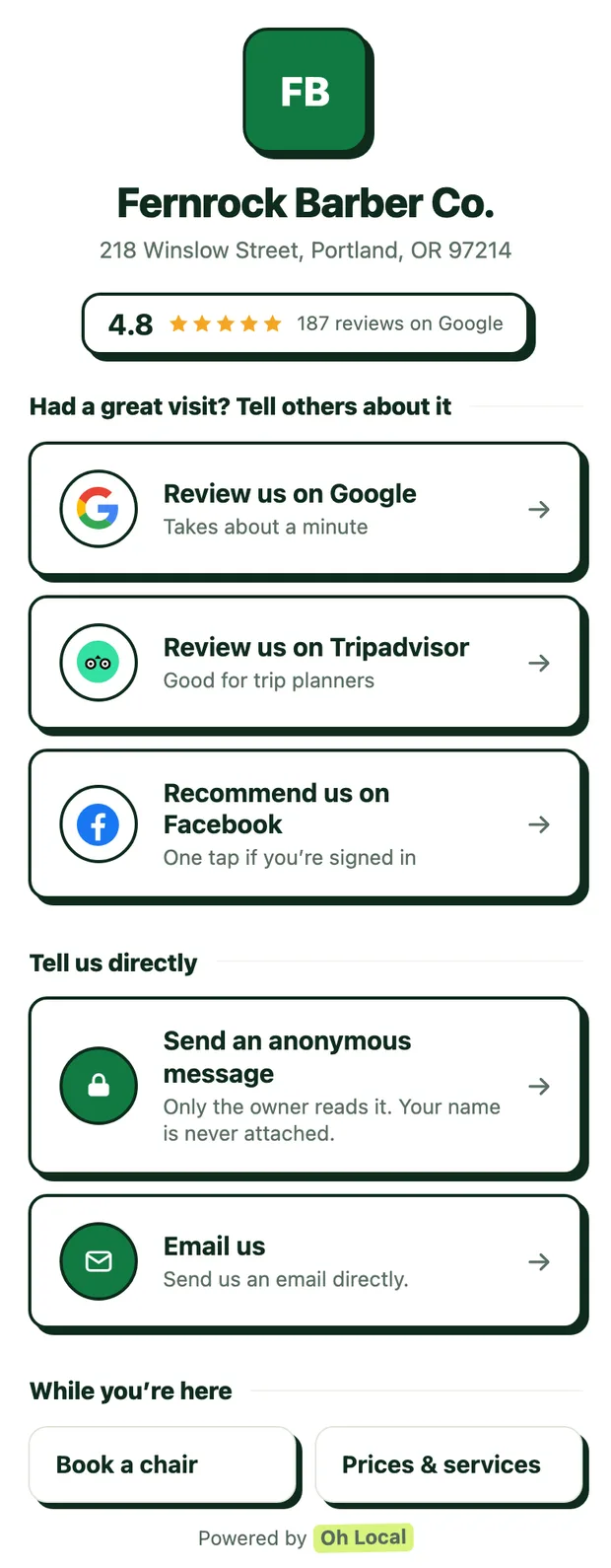 The same review page on a phone, with the review buttons stacked in one column.